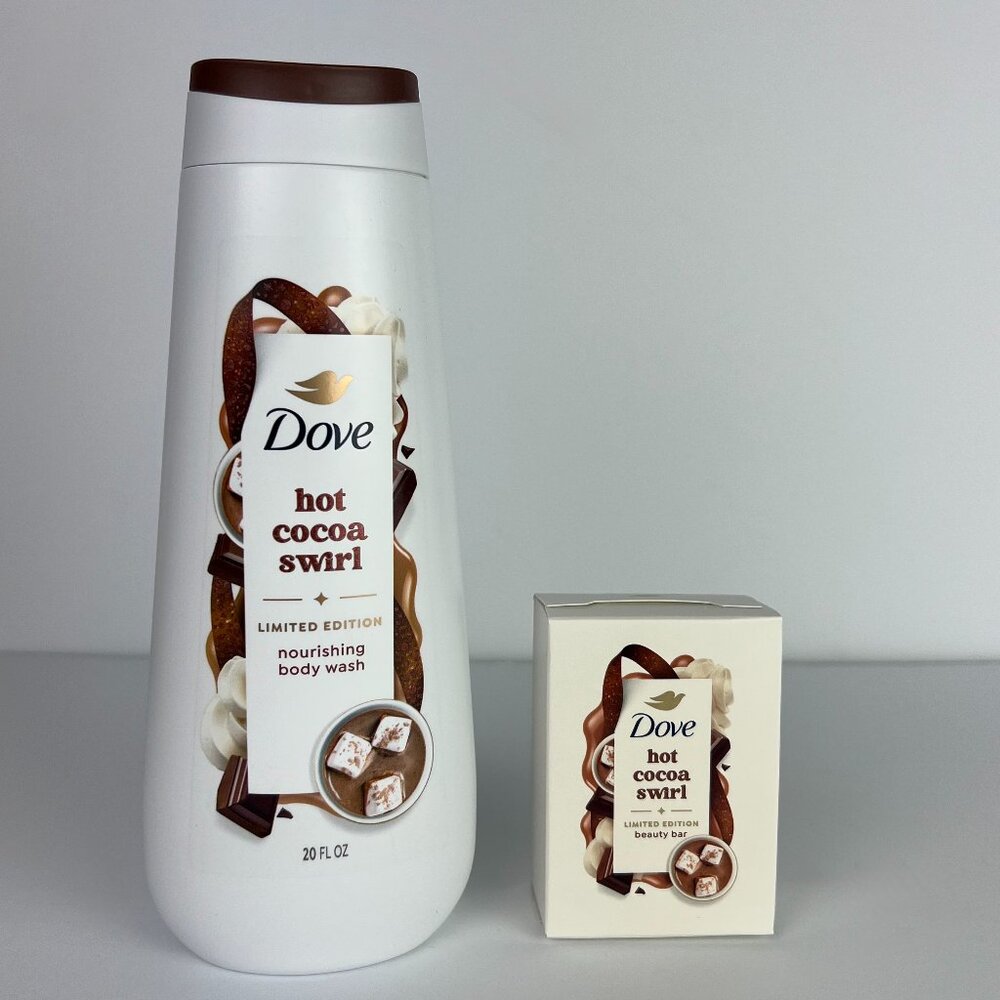 Dove Hot Cocoa Swirl 20oz Body Wash & 5oz Bar Soap Holiday Treats Limited Ed.